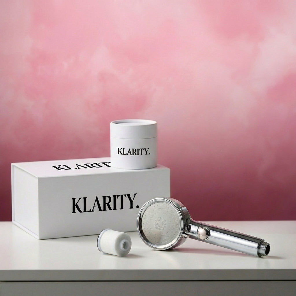 KLARITY shower head and accessories on a pink background