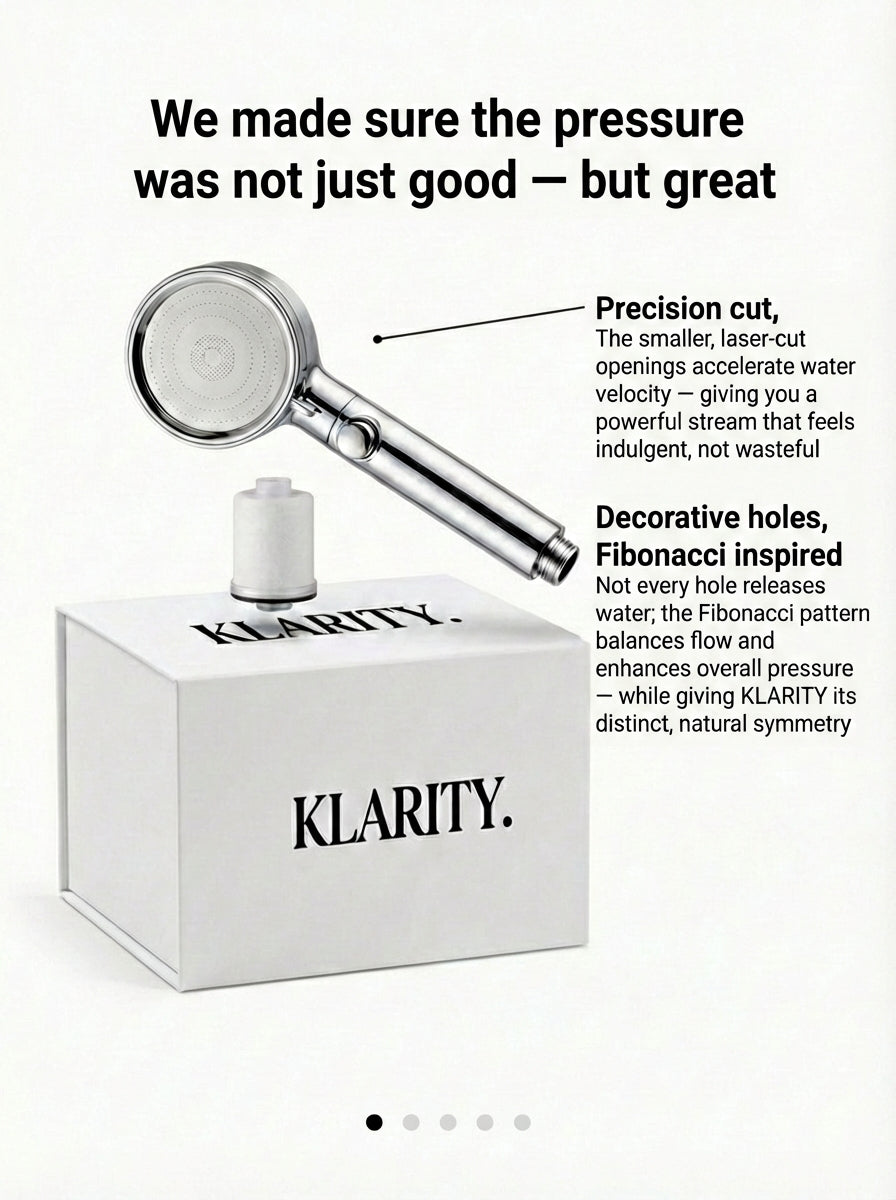 Shower head with 'KLARITY' branding on a white background