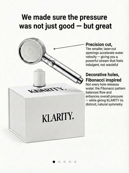 Shower head with 'KLARITY' branding on a white background